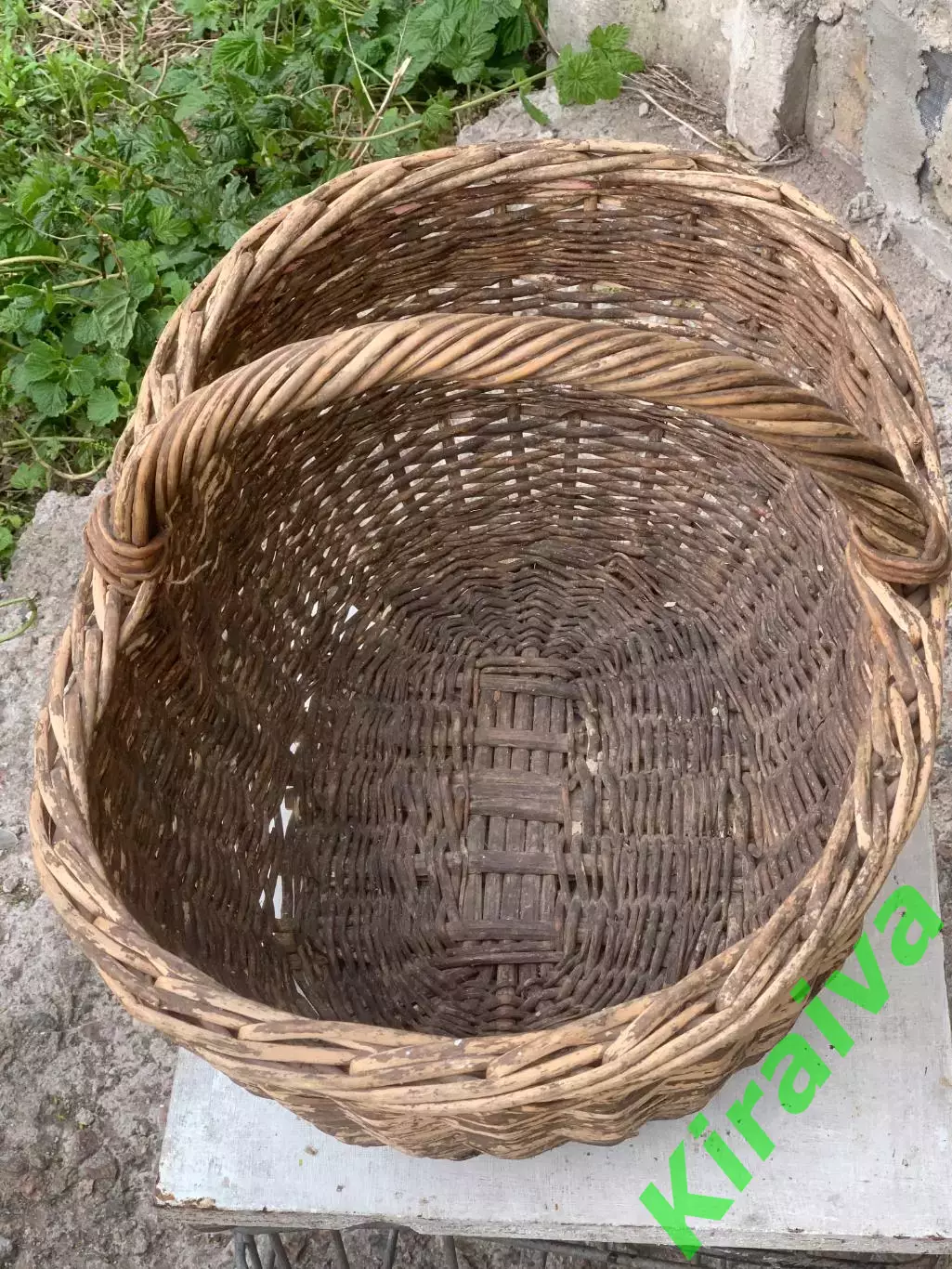 Корзина плетёная из лозы овальная большая с ручкой ажурная бежевая винтаж Н2900 5