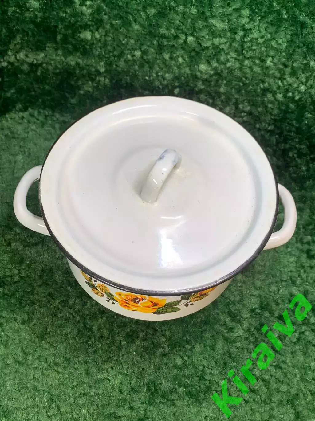 Кастрюля эмалированная СССР 1,5 л с крышкой, белая, жёлтые розы, винтаж Б/У Н804 2