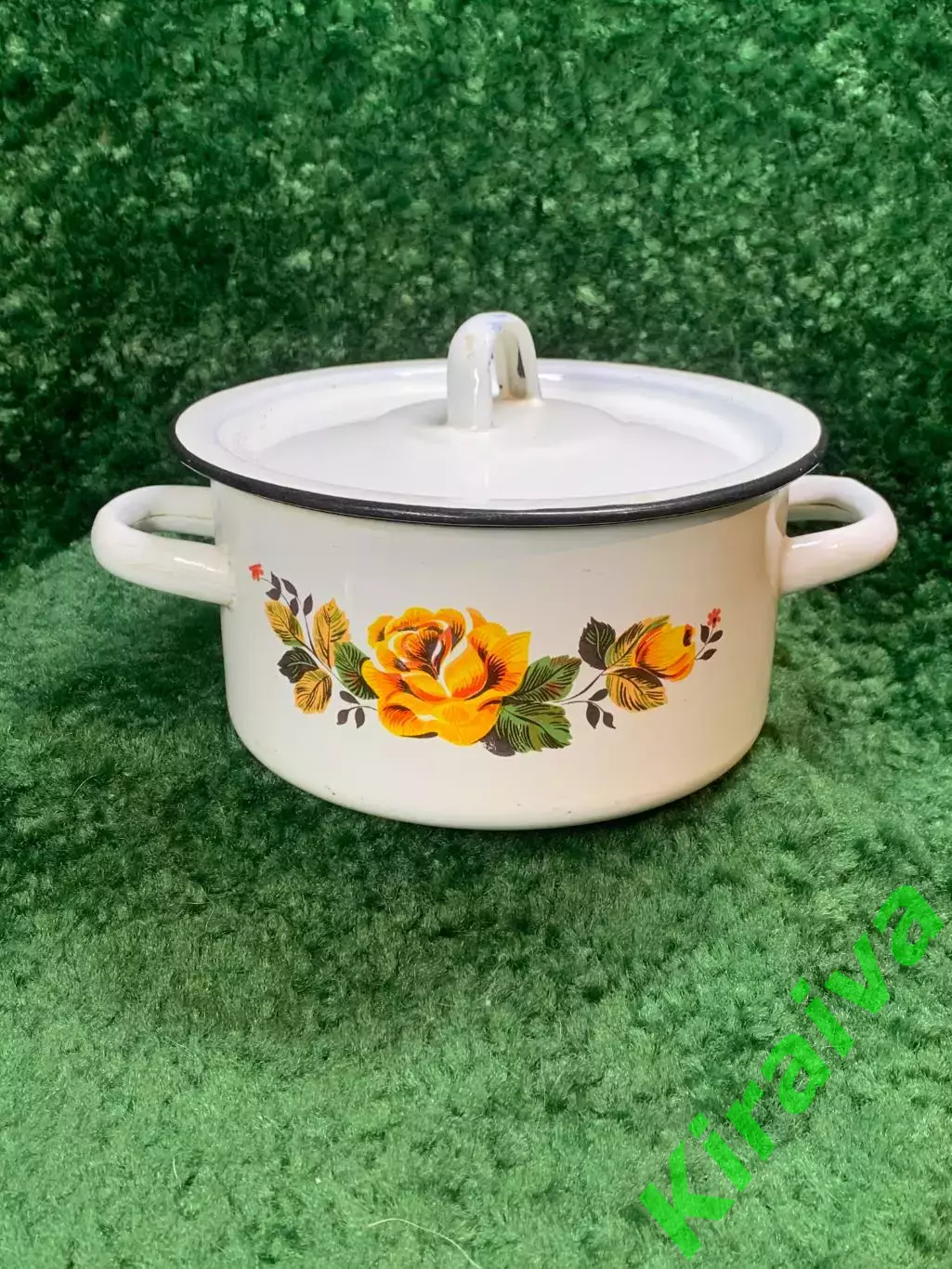 Кастрюля эмалированная СССР 1,5 л с крышкой, белая, жёлтые розы, винтаж Б/У Н804 1
