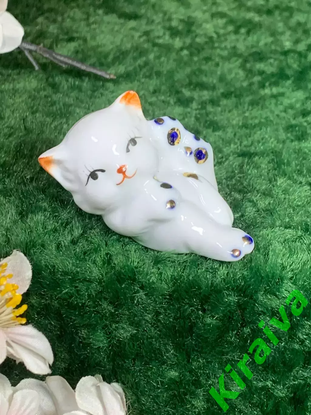 Статуэтка миниатюрная «Котёнок» фарфоровая фигурка, синий и золотой декор (Н8196 1