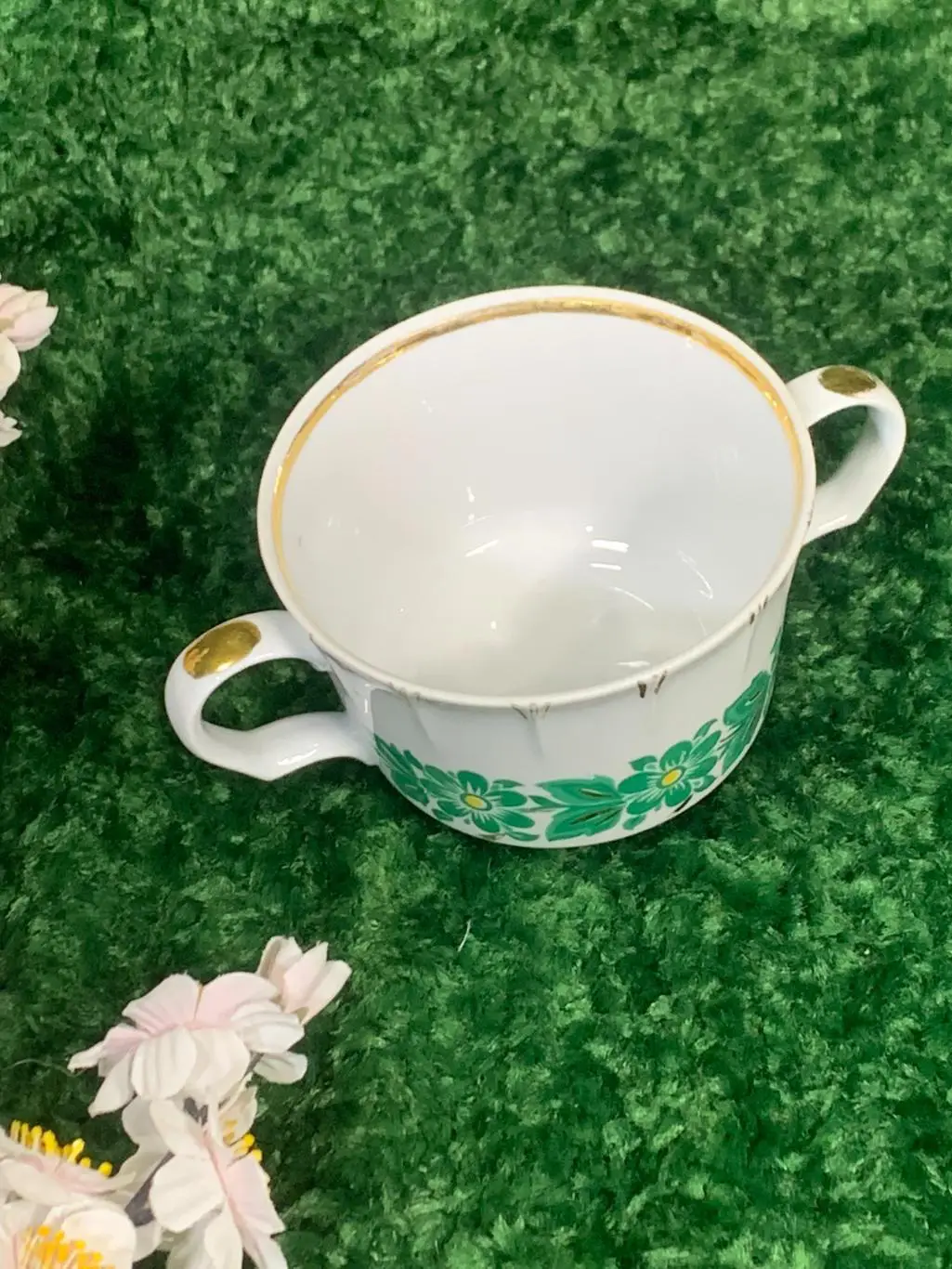 Бульонница фарфоровая винтаж Киев 370 мл с позолотой и цветочным декором Н992 1