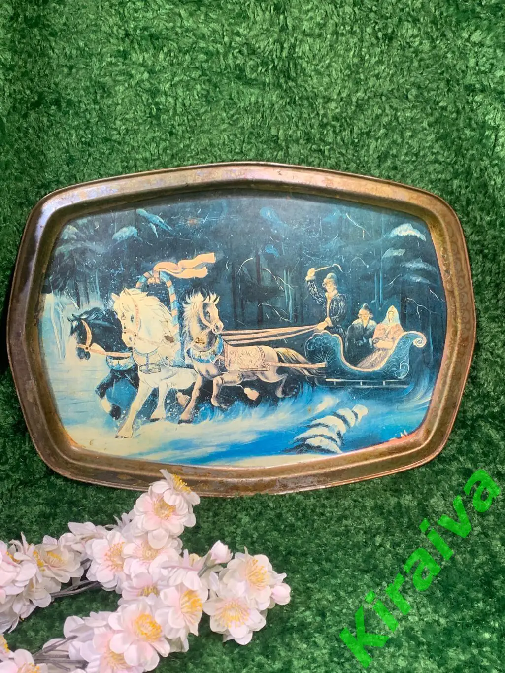 Старинный поднос «Зимняя тройка» редкий, роспись, тонкий металл, 45?32 см Н1632