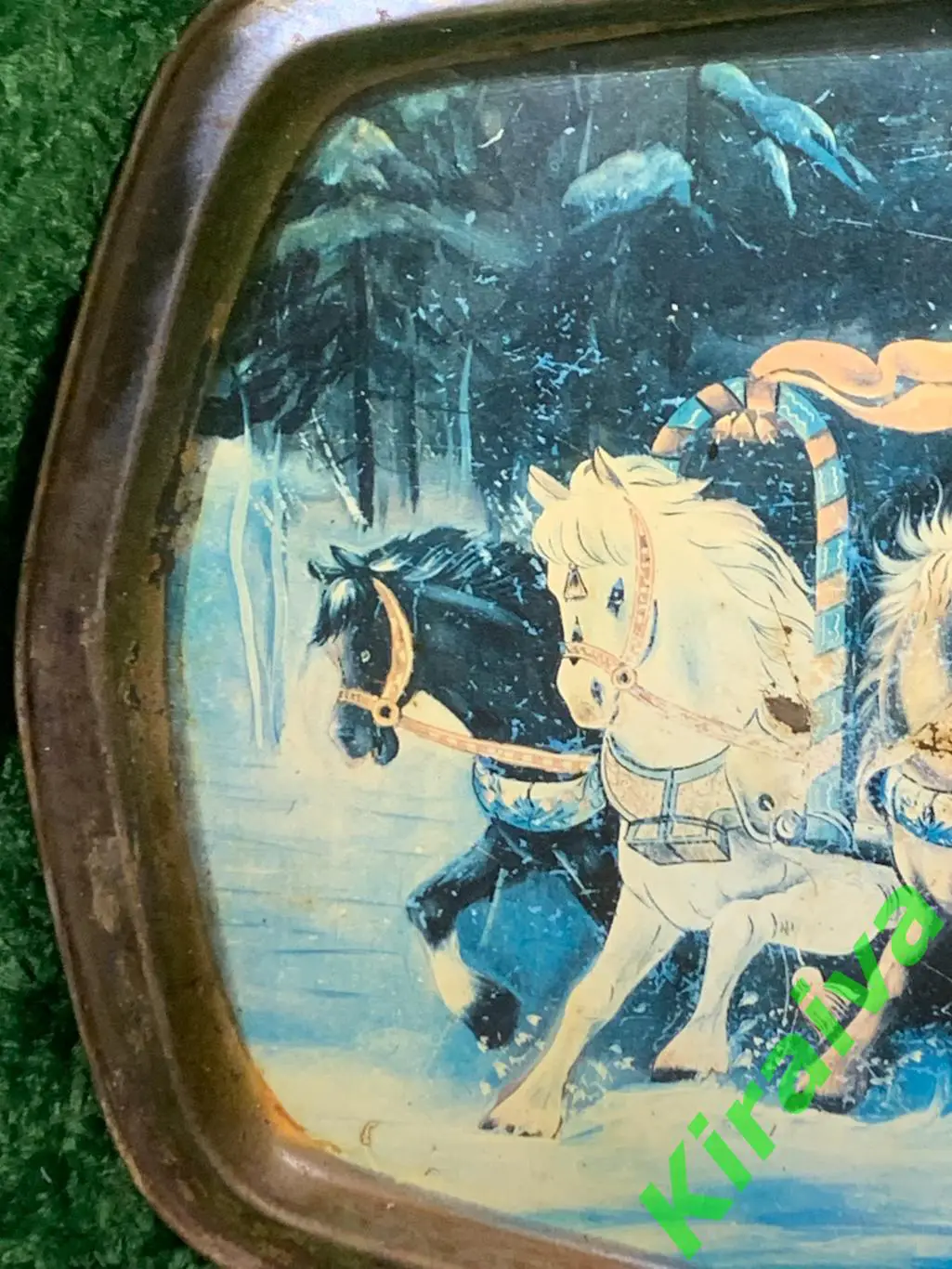 Старинный поднос «Зимняя тройка» редкий, роспись, тонкий металл, 45?32 см Н1632 1