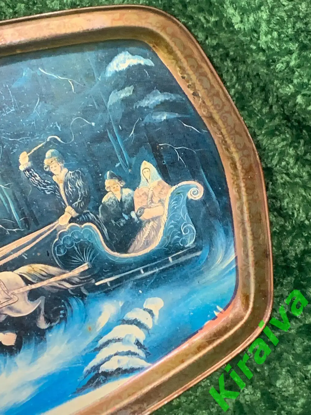 Старинный поднос «Зимняя тройка» редкий, роспись, тонкий металл, 45?32 см Н1632 2