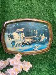 Старинный поднос «Зимняя тройка» редкий, роспись, тонкий металл, 45?32 см Н1632
