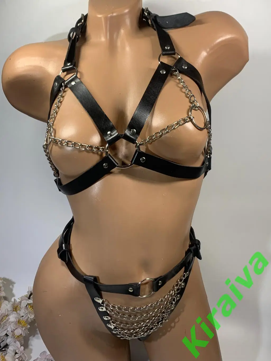 Комплект белья из кожанных ремешков и металлических цепочек, партупея Н1641 3