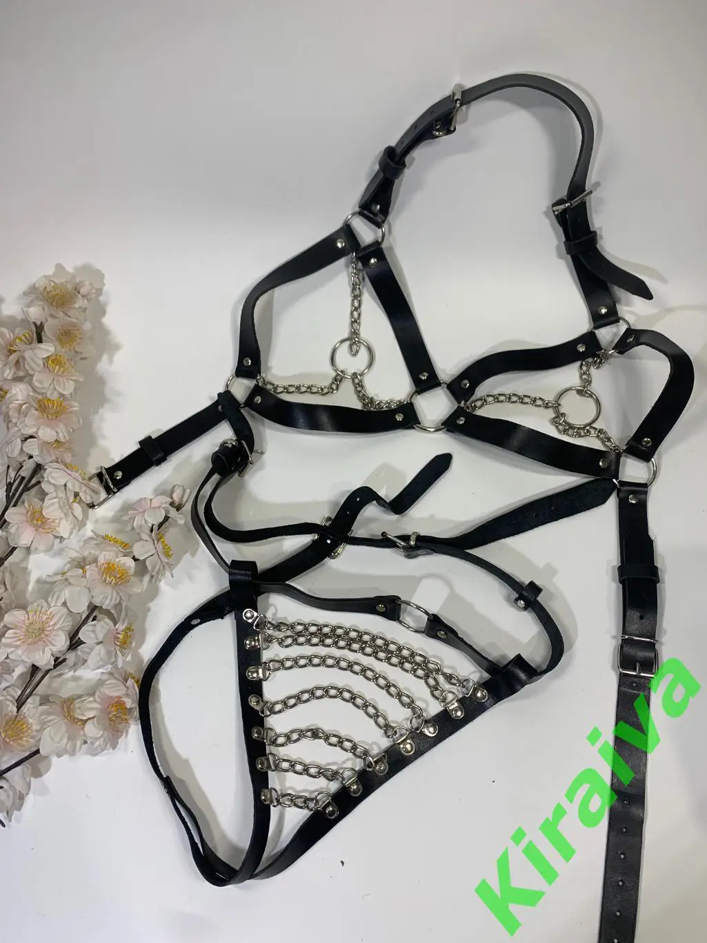 Комплект белья из кожанных ремешков и металлических цепочек, партупея Н1641 7