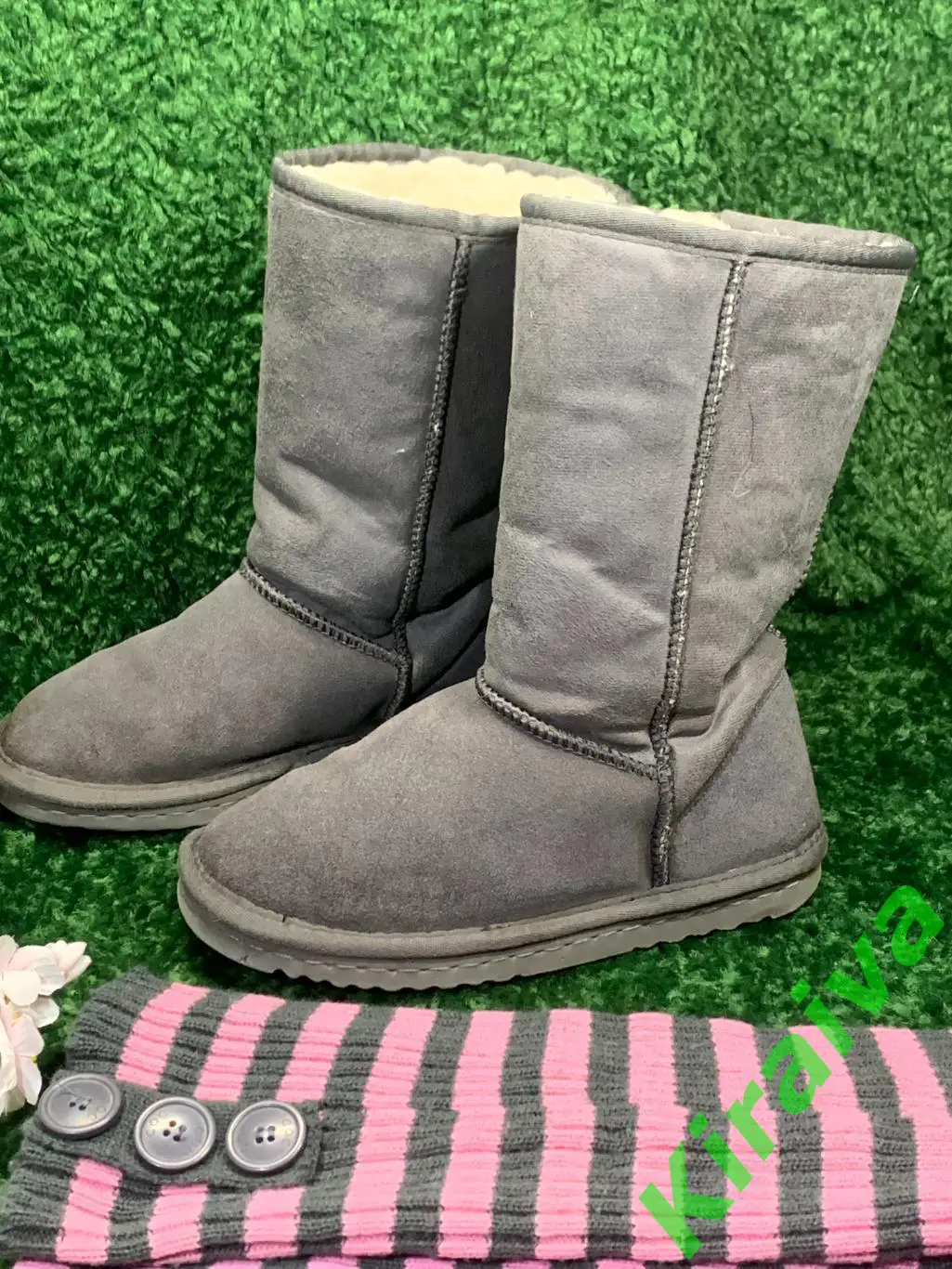 Угги с гетрами, серые, сапоги размер 34, стелька 22 см, текстиль + мех, б/у Н166 3