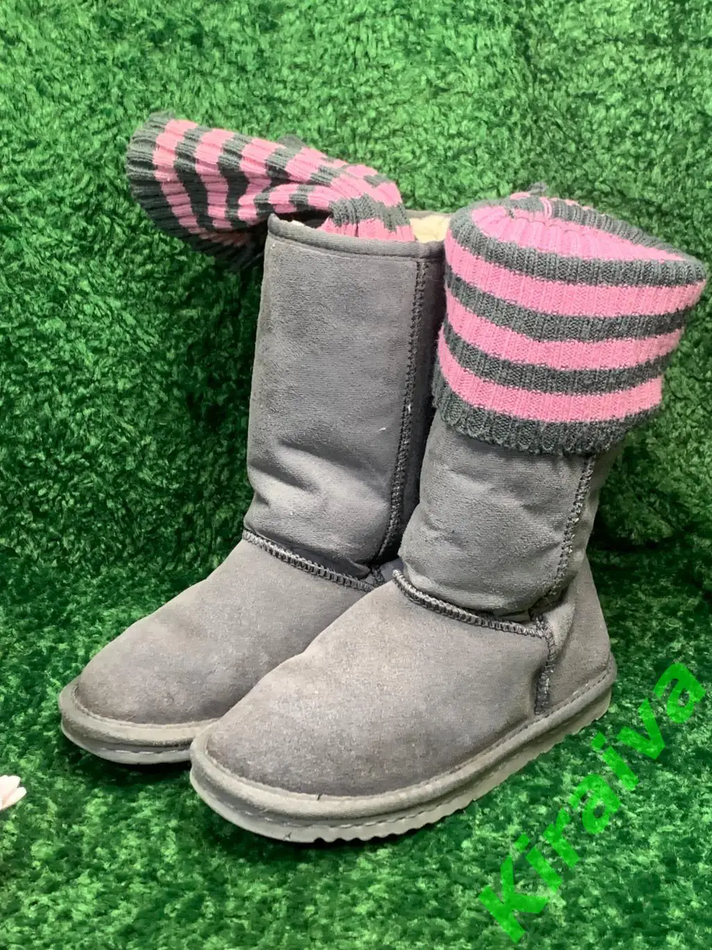 Угги с гетрами, серые, сапоги размер 34, стелька 22 см, текстиль + мех, б/у Н166