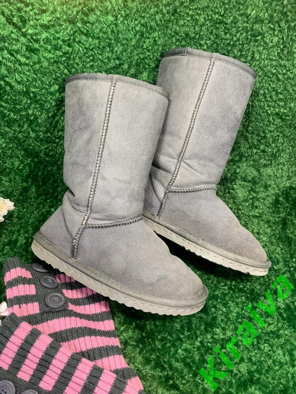 Угги с гетрами, серые, сапоги размер 34, стелька 22 см, текстиль + мех, б/у Н166 7