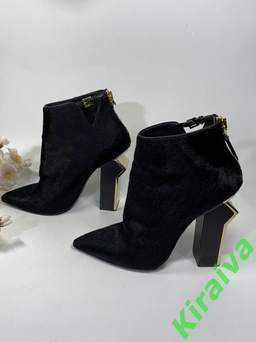 Женские ботильоны Gianmarco Lorenzi, кожа пони, фигурный каблук, золотые молнии, 1