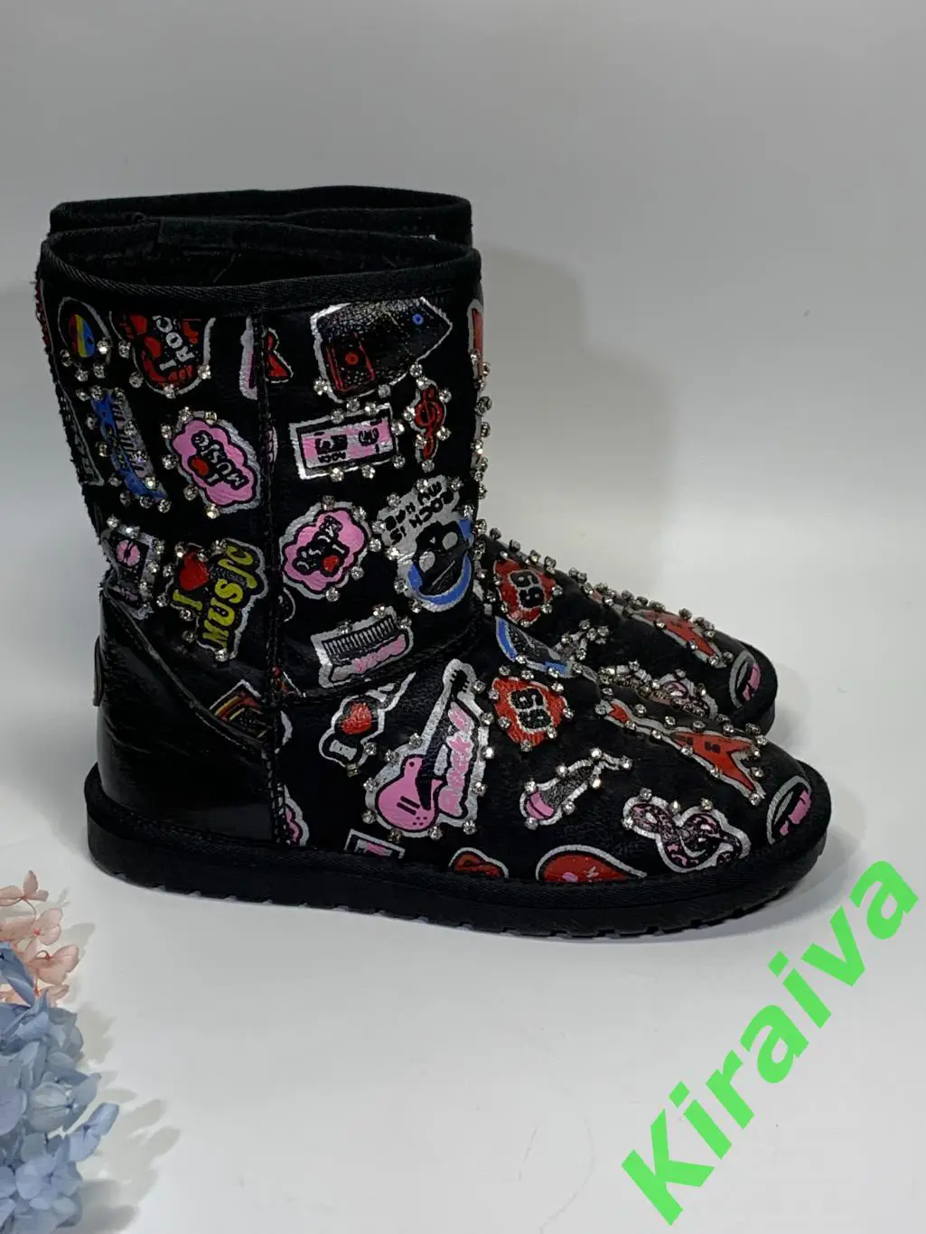 Угги Keddo со стразамии и принтом черные р. 38 (24.8 см), б/у в рок-стиле Н1675 1