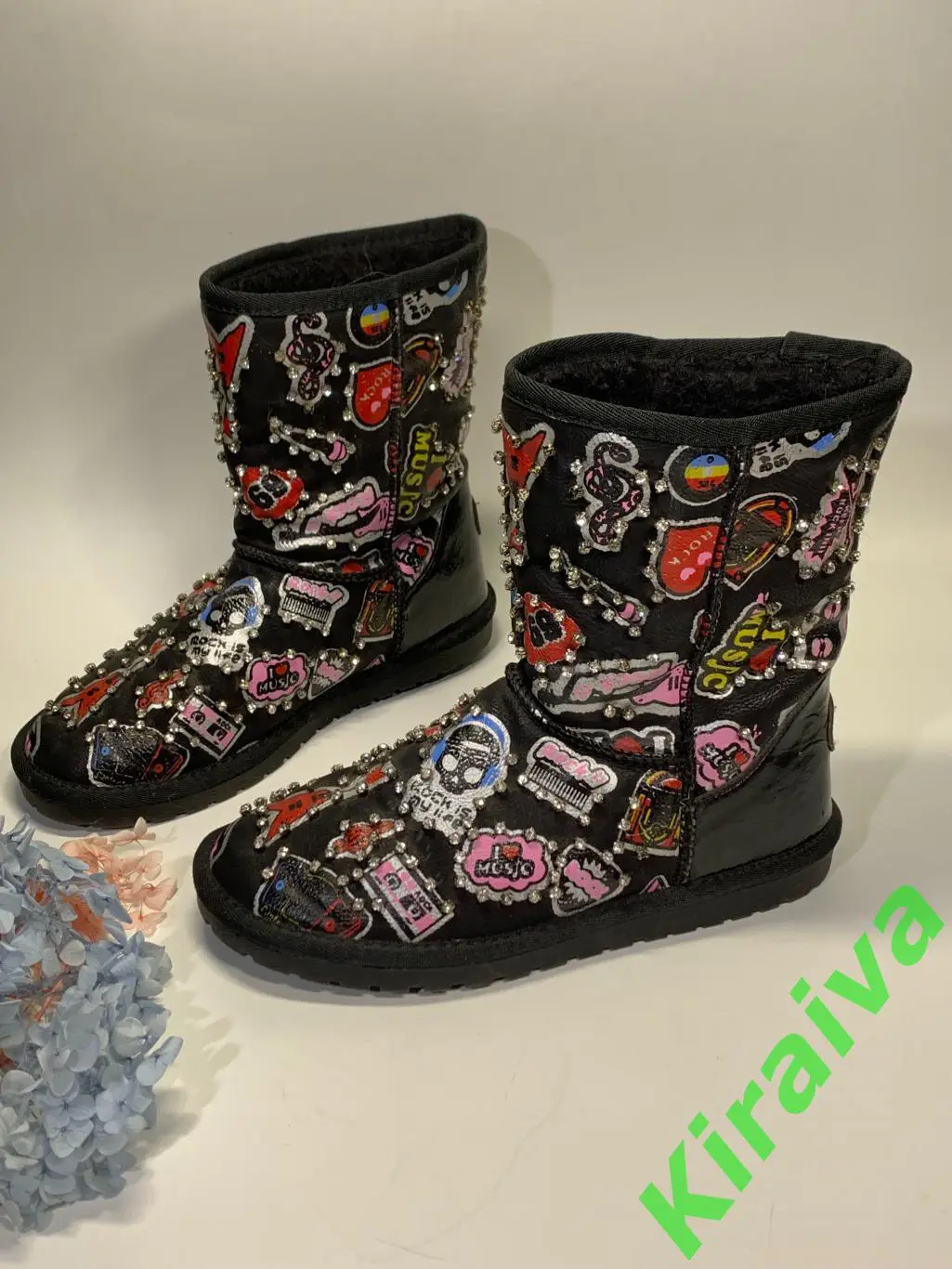Угги Keddo со стразамии и принтом черные р. 38 (24.8 см), б/у в рок-стиле Н1675