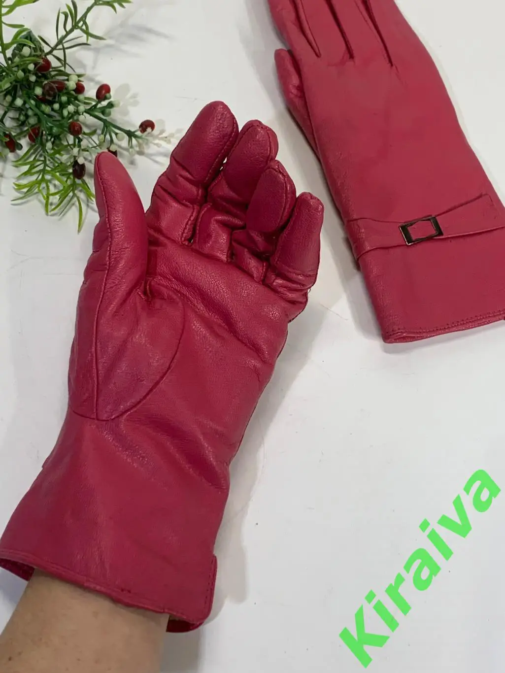 Женские кожаные перчатки Jinshuo размер М (XXL) малиновые с меховой подкладкой Н 1