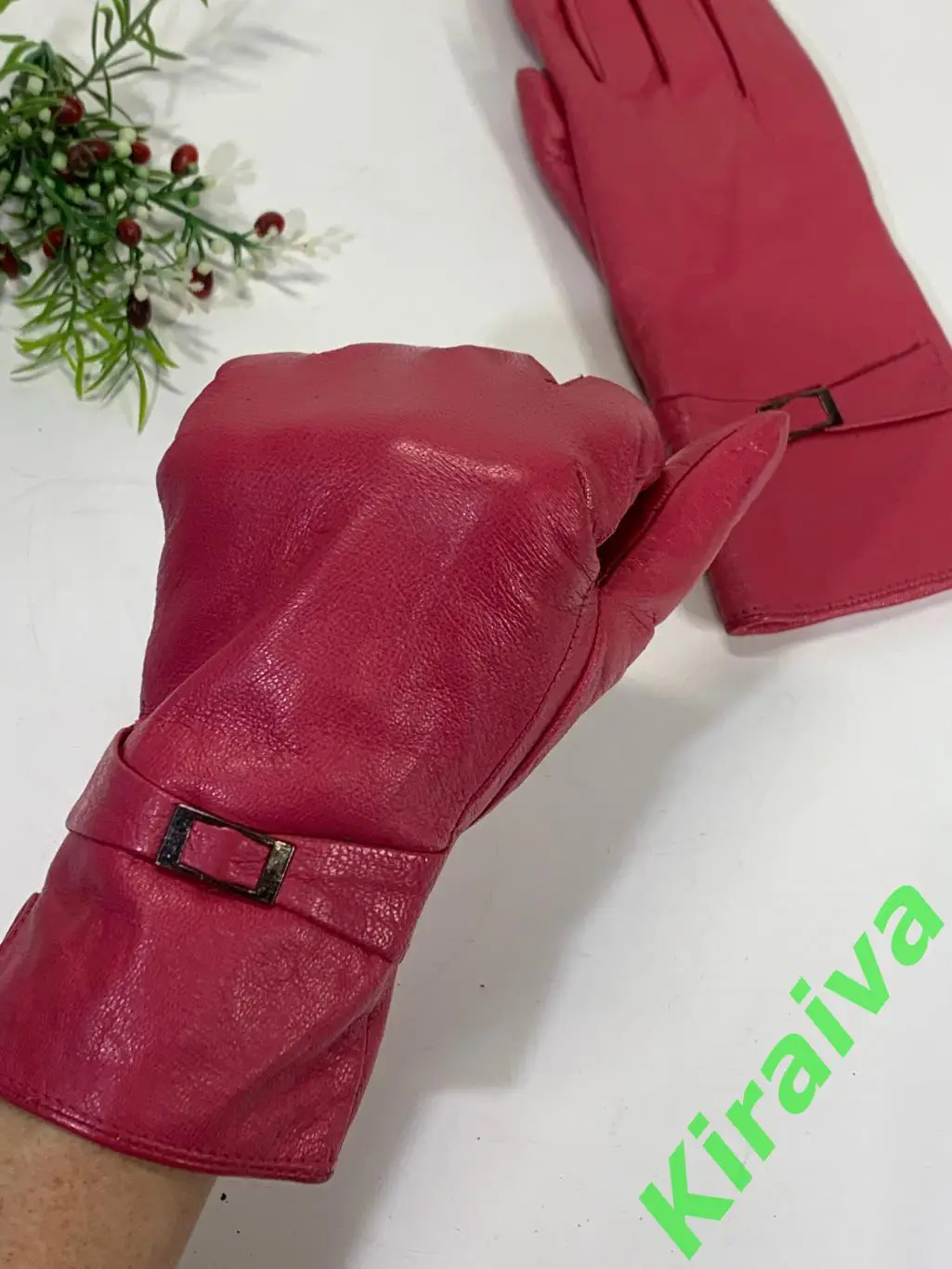 Женские кожаные перчатки Jinshuo размер М (XXL) малиновые с меховой подкладкой Н 2