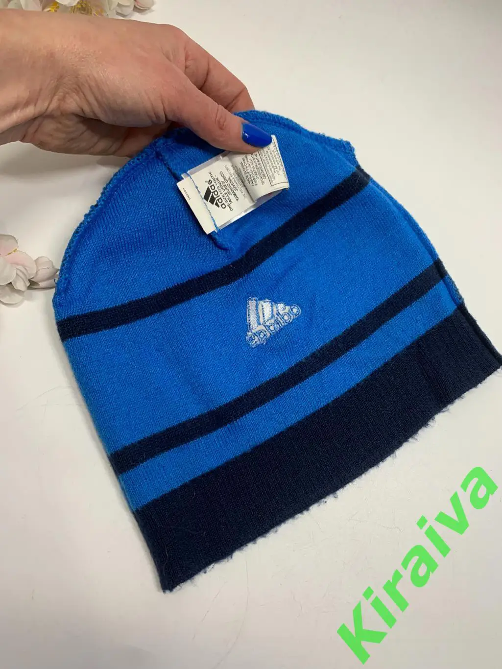 Шапка Adidas темно-синяя акрил мелкая вязка Н1953Стильная и теплая темно-синяя 4