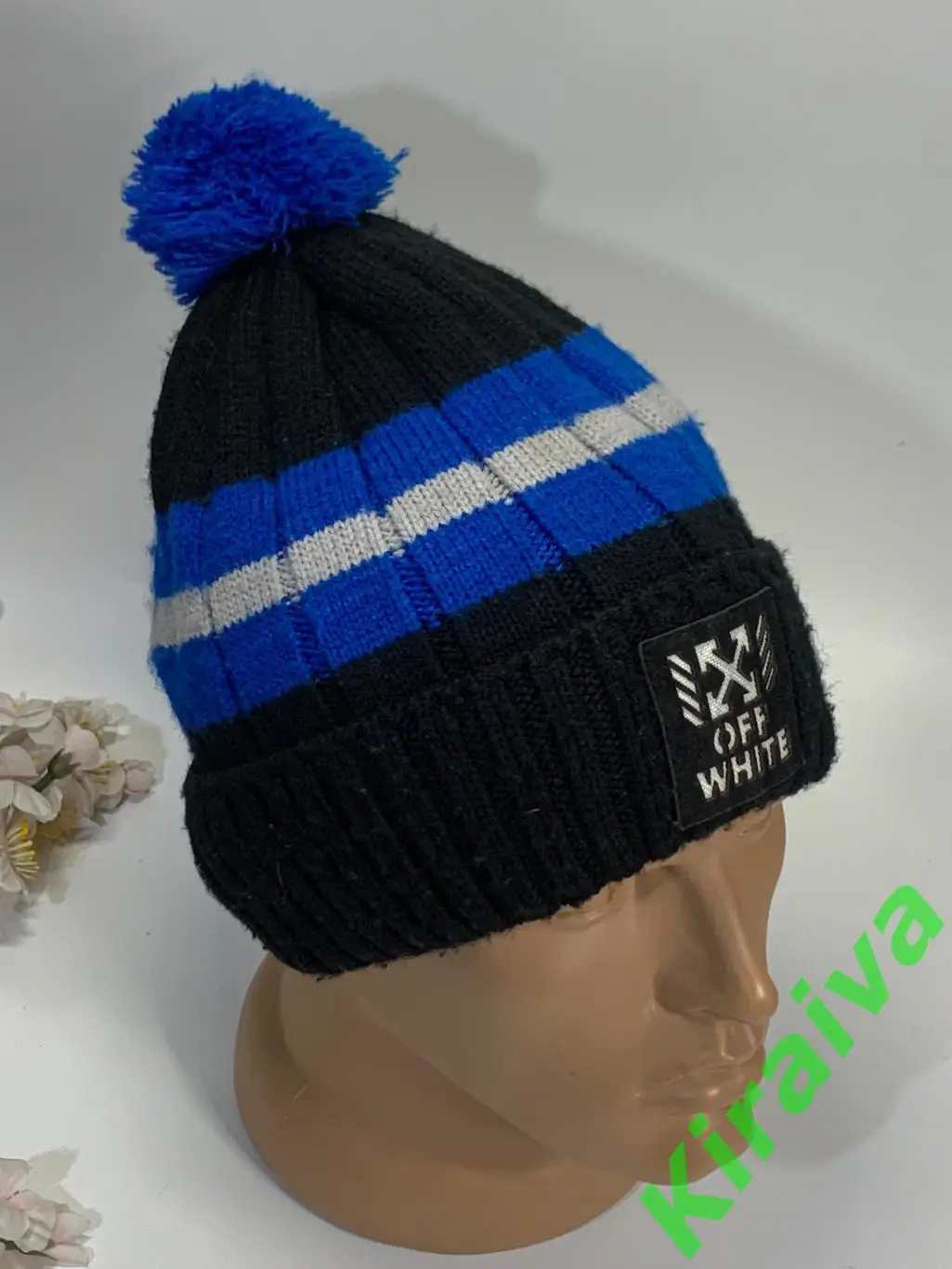 Теплая шапка вязання с бубоном размер 60 подкладка флисН1800Спортивная и теп