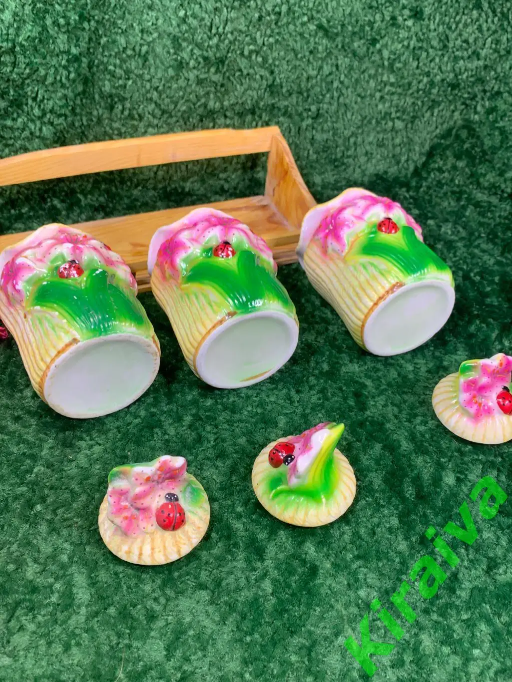 Набор керамических емкостей, 3 банки по 600 мл на деревянной подставке для сыпуч 1