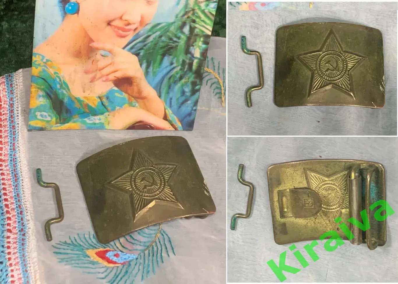 Пряжка солдатская СССР латунная с гербом и звездой, комплект бляха + скоба Н1483