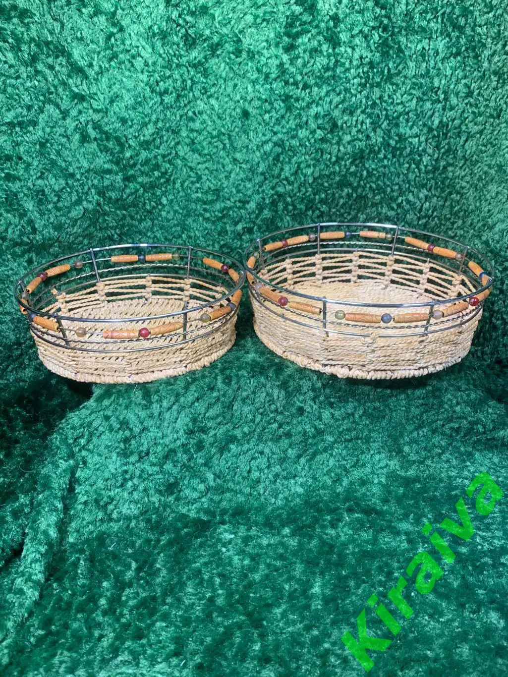 Винтажный набор плетёных корзинок с бусинами, времён СССР (2 шт.) Н4996 1
