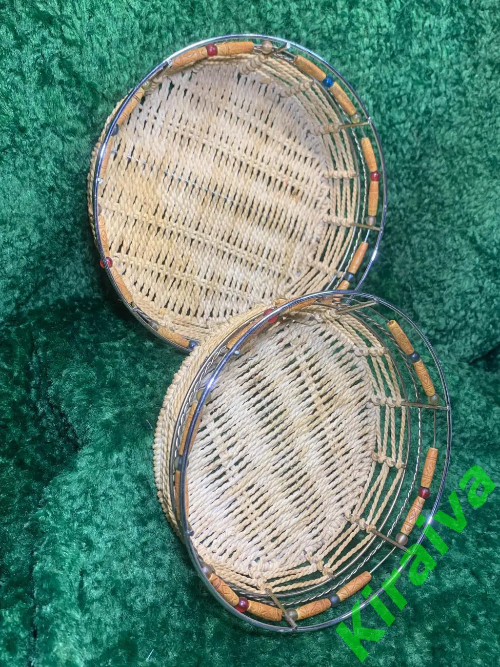 Винтажный набор плетёных корзинок с бусинами, времён СССР (2 шт.) Н4996 2