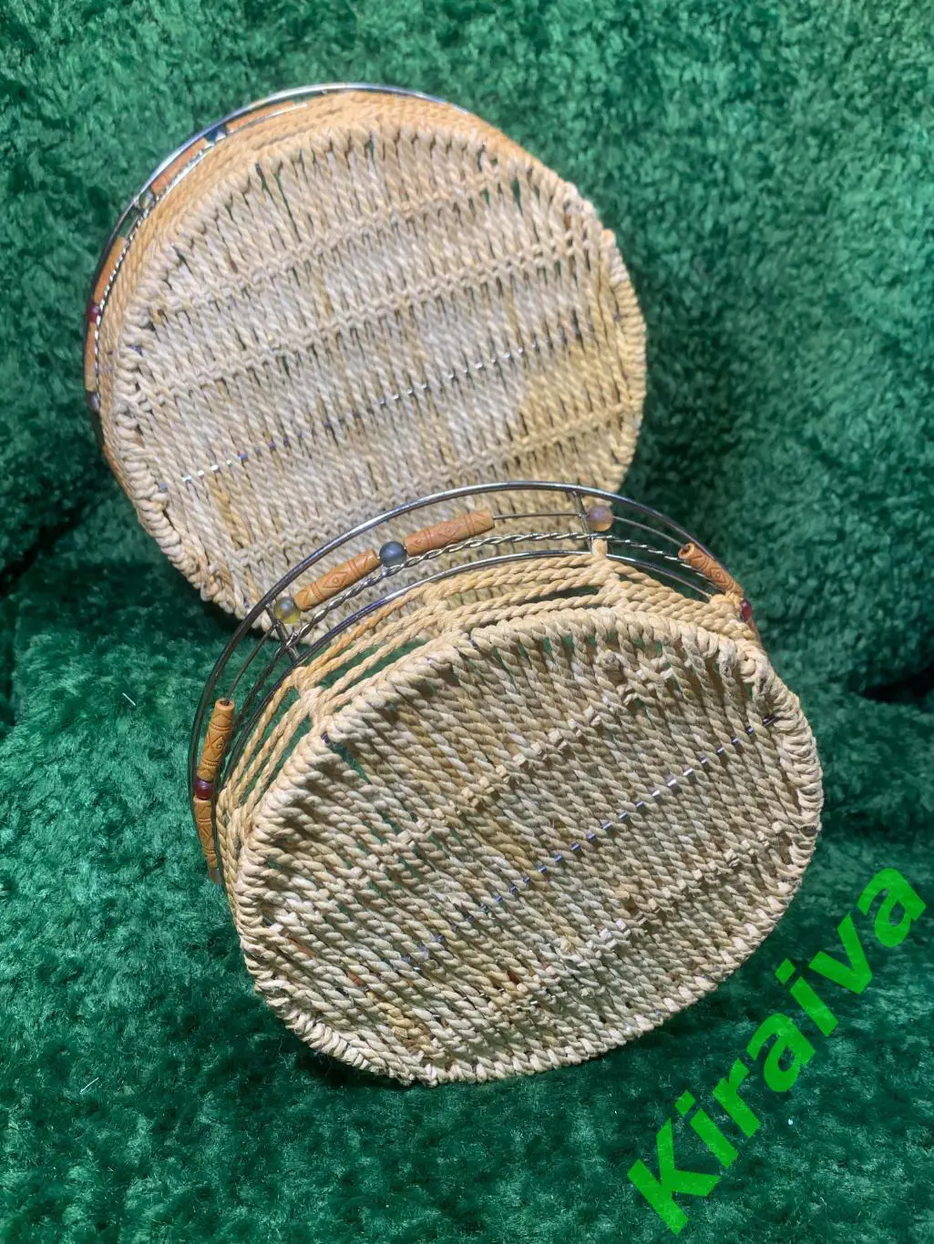 Винтажный набор плетёных корзинок с бусинами, времён СССР (2 шт.) Н4996 3