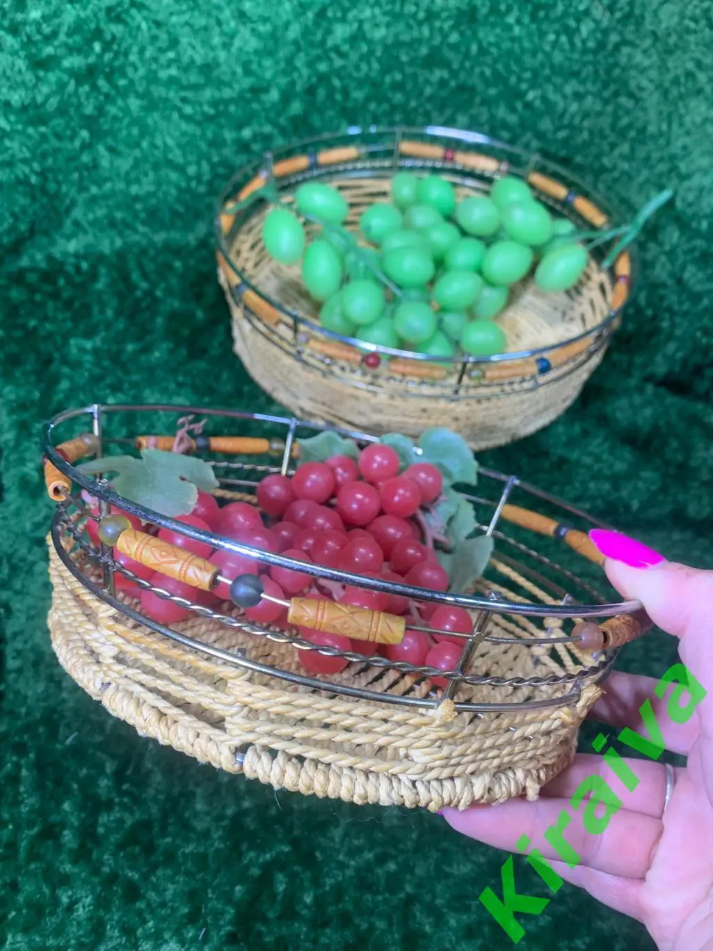 Винтажный набор плетёных корзинок с бусинами, времён СССР (2 шт.) Н4996 7