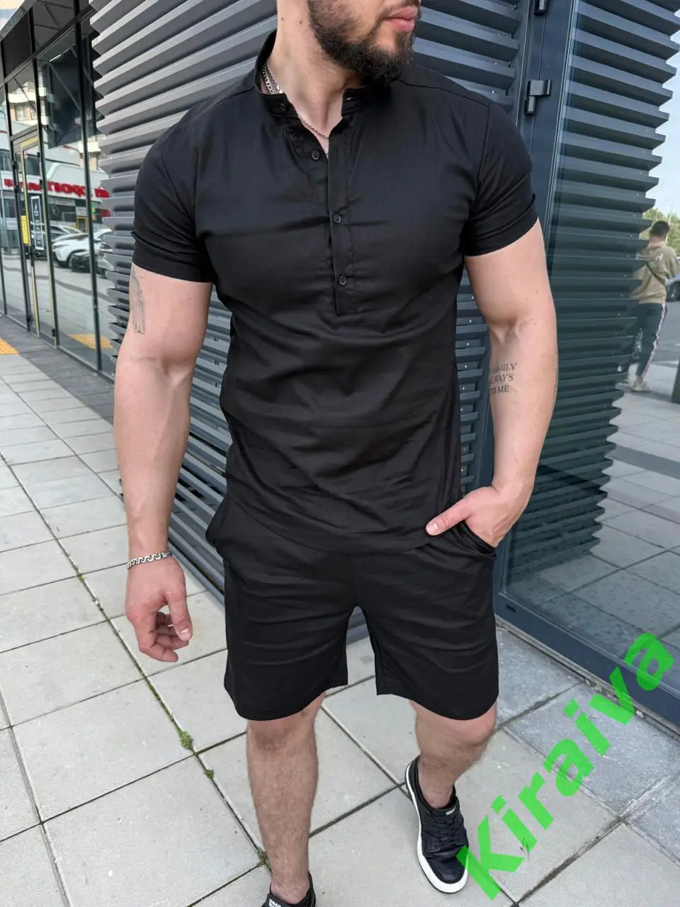 Льняной комплект: рубашка + шорты (черный) Н5430Идеальный выбор для жаркого ле