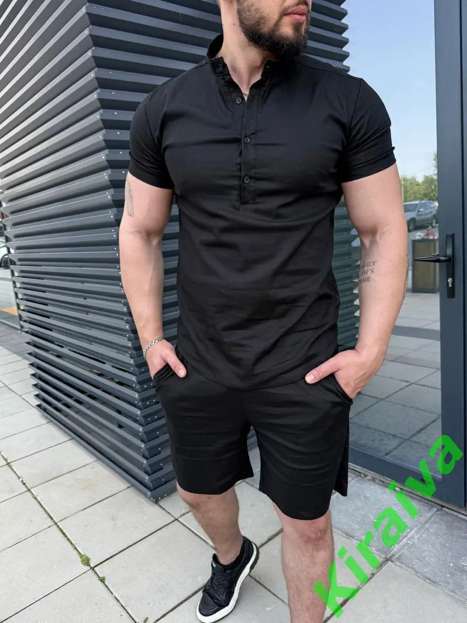 Льняной комплект: рубашка + шорты (черный) Н5430Идеальный выбор для жаркого ле 1