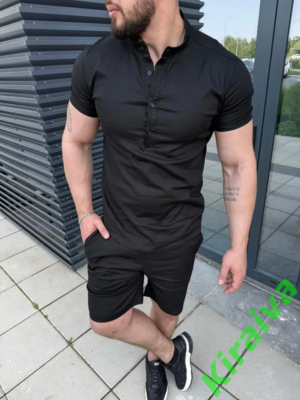 Льняной комплект: рубашка + шорты (черный) Н5430Идеальный выбор для жаркого ле 2