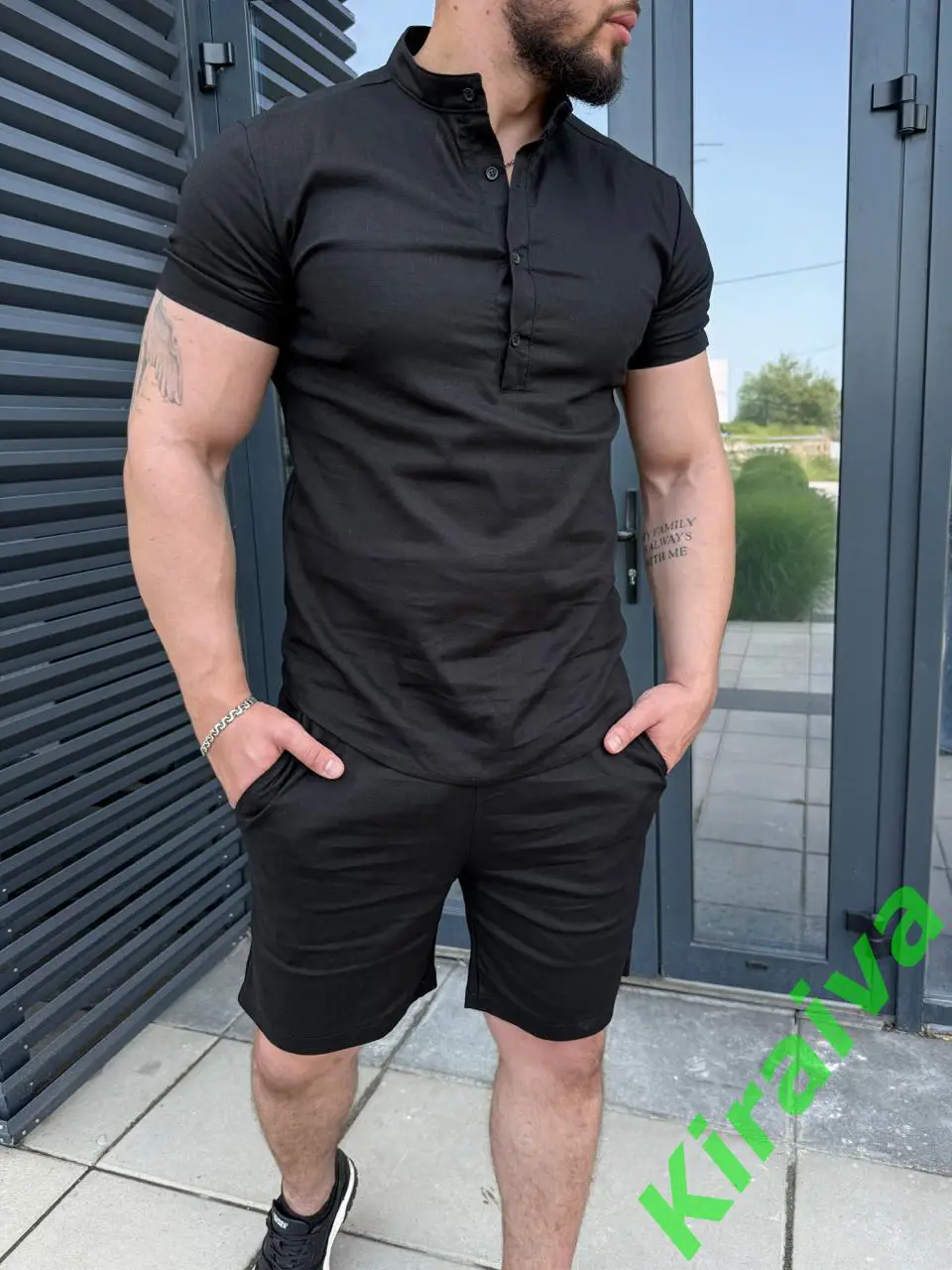 Льняной комплект: рубашка + шорты (черный) Н5430Идеальный выбор для жаркого ле 3