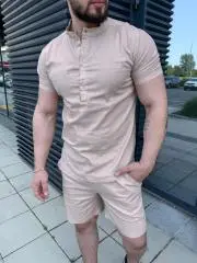 Льняной комплект: рубашка + шорты (бежевый) Н5428Идеальный выбор для жаркого л