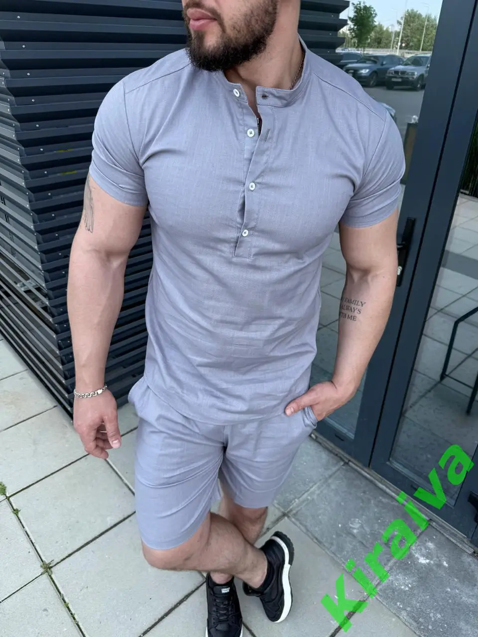 Льняной комплект: рубашка + шорты (голубовато серый) Н5429Идеальный выбор для