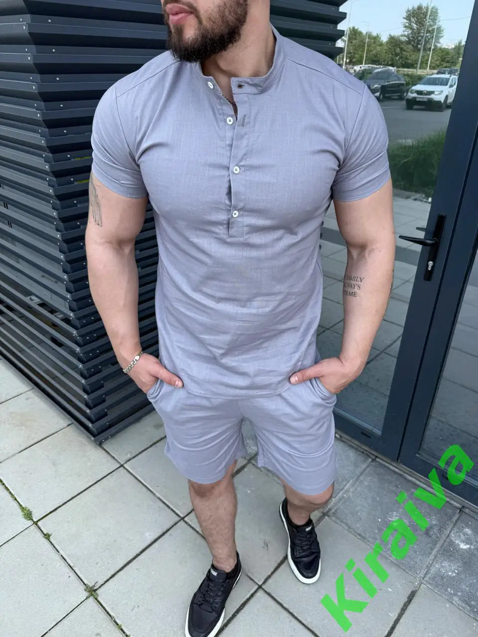 Льняной комплект: рубашка + шорты (голубовато серый) Н5429Идеальный выбор для 1
