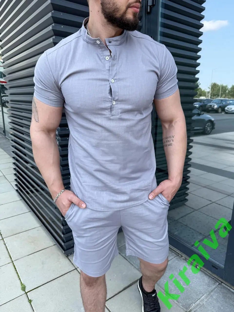Льняной комплект: рубашка + шорты (голубовато серый) Н5429Идеальный выбор для 2