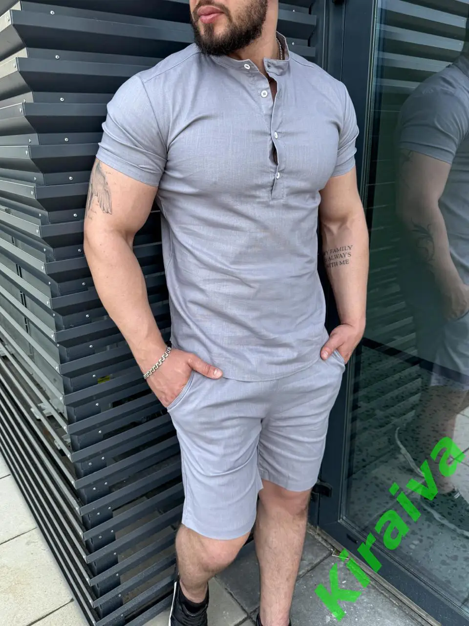 Льняной комплект: рубашка + шорты (голубовато серый) Н5429Идеальный выбор для 3