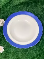 60-е! Тарелка суповая фарфоровая Коростень винтаж СССР 24 см, голубой кант Н1786