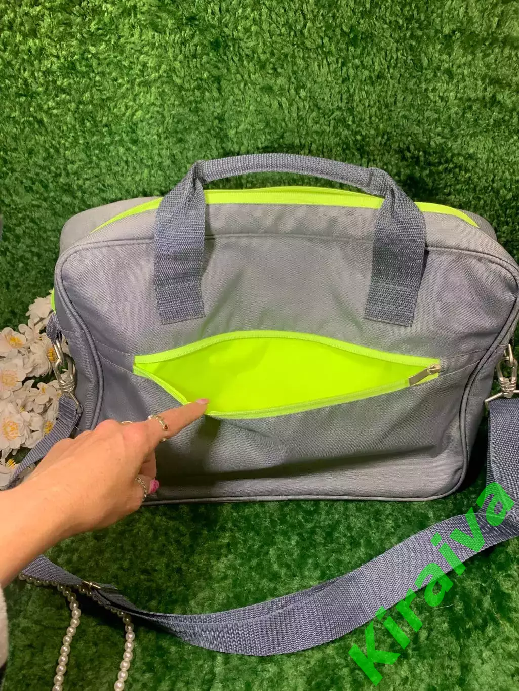 Сумка-портфель для ноутбука, текстиль, серый с салатовым, 40?28?9 см Н340 4