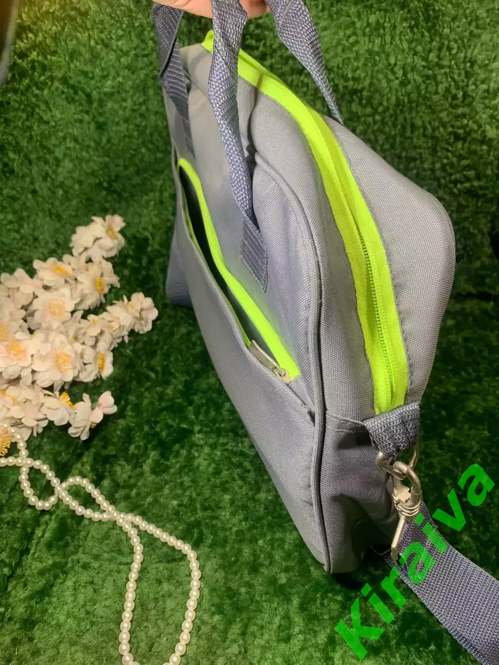 Сумка-портфель для ноутбука, текстиль, серый с салатовым, 40?28?9 см Н340 6