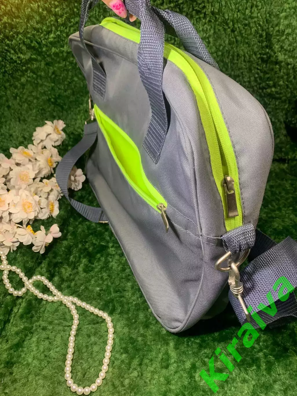 Сумка-портфель для ноутбука, текстиль, серый с салатовым, 40?28?9 см Н340 7