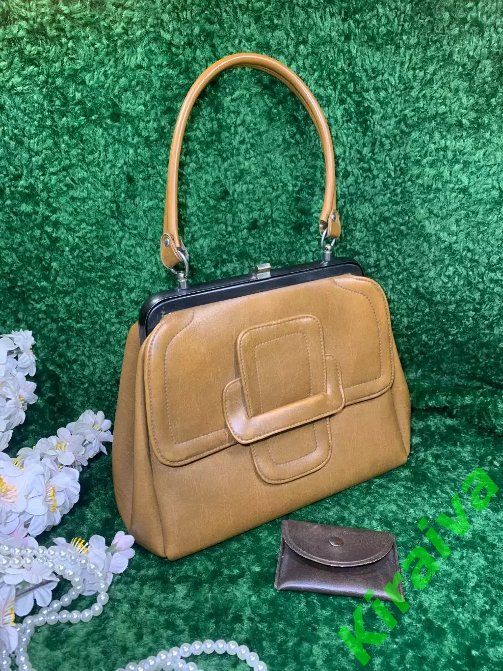 60-е! Винтажная женская сумка с кошельком, зеркальцем карамельного оттенка Н2144