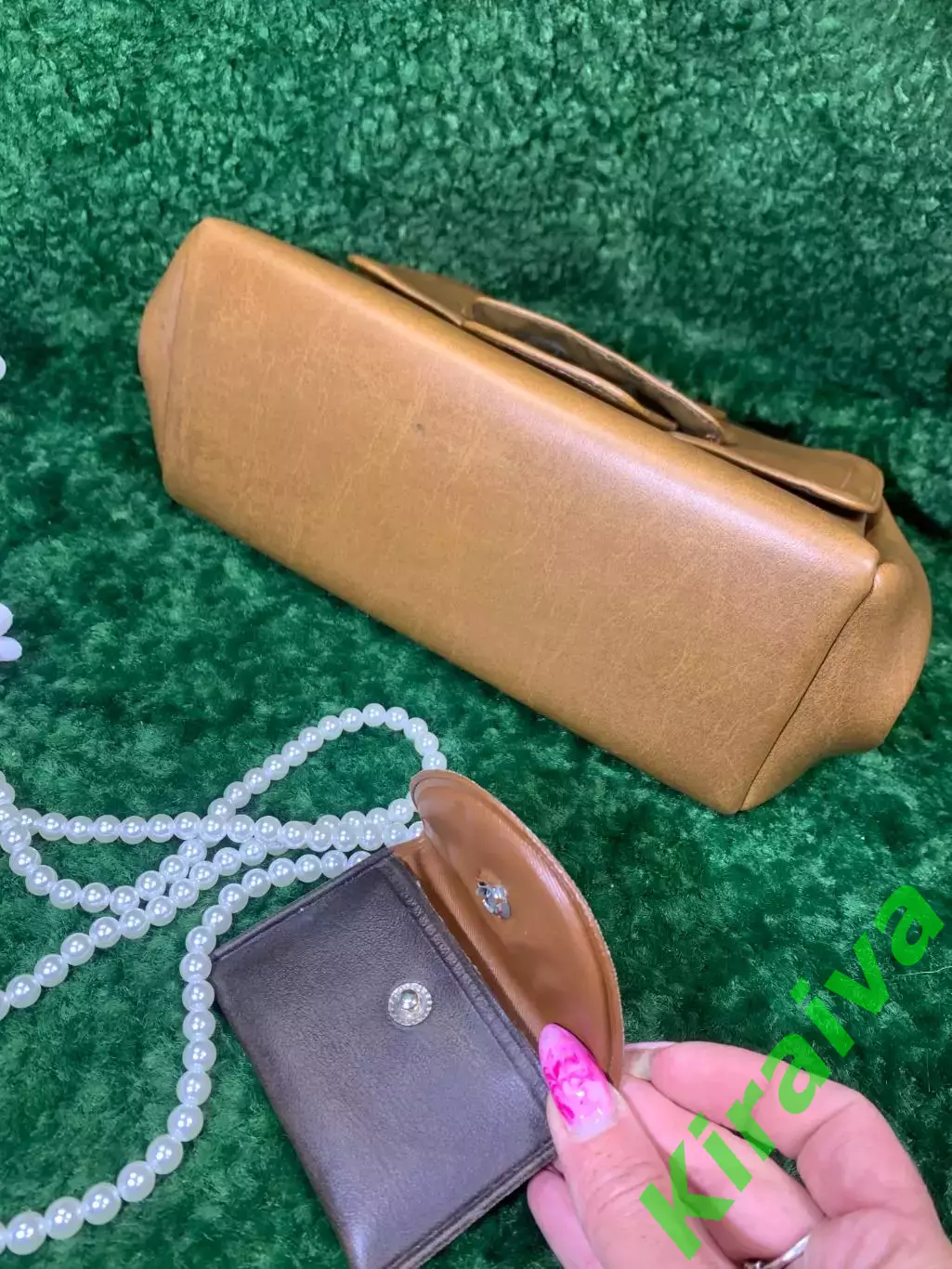 60-е! Винтажная женская сумка с кошельком, зеркальцем карамельного оттенка Н2144 6