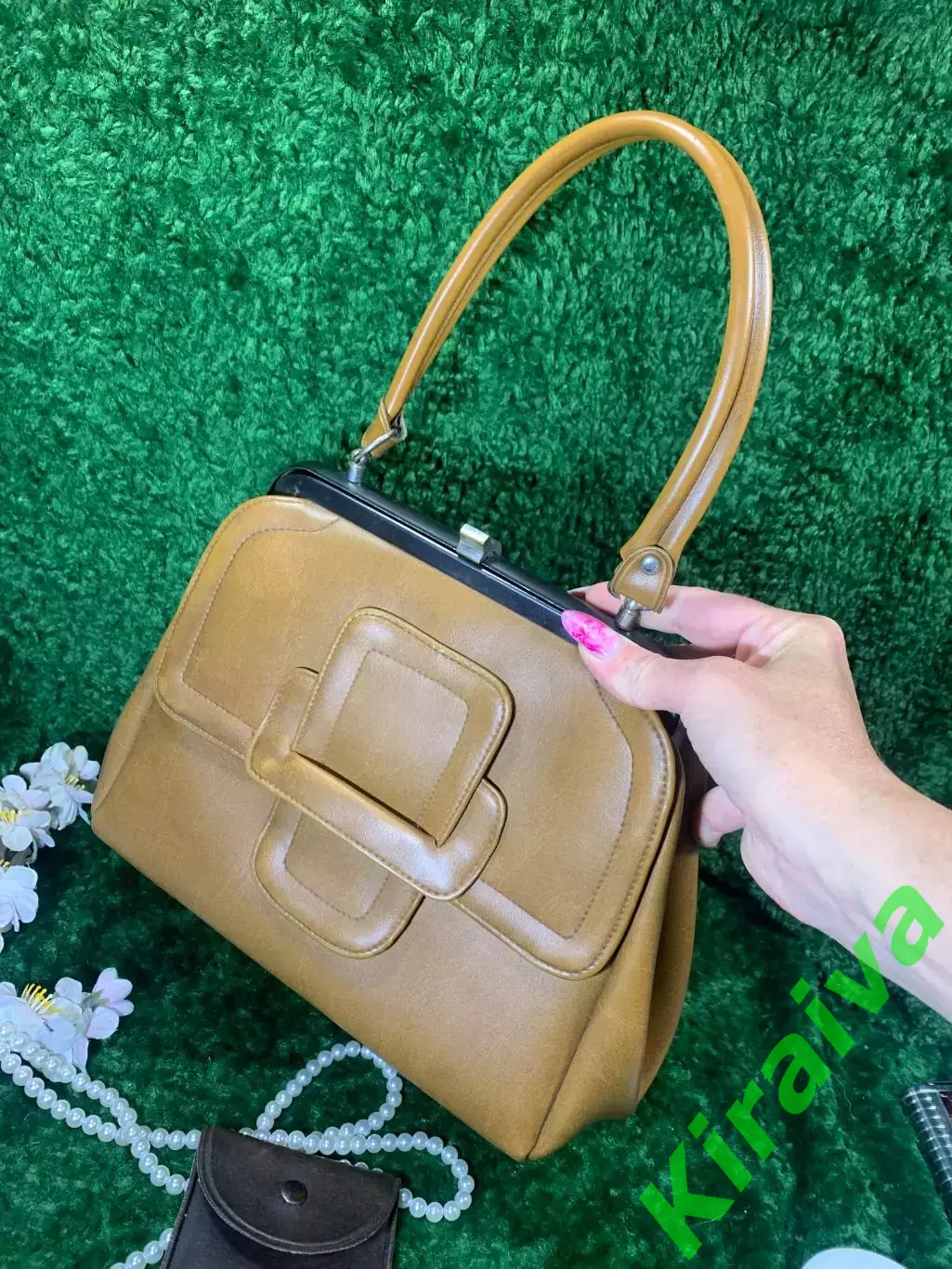 60-е! Винтажная женская сумка с кошельком, зеркальцем карамельного оттенка Н2144 7