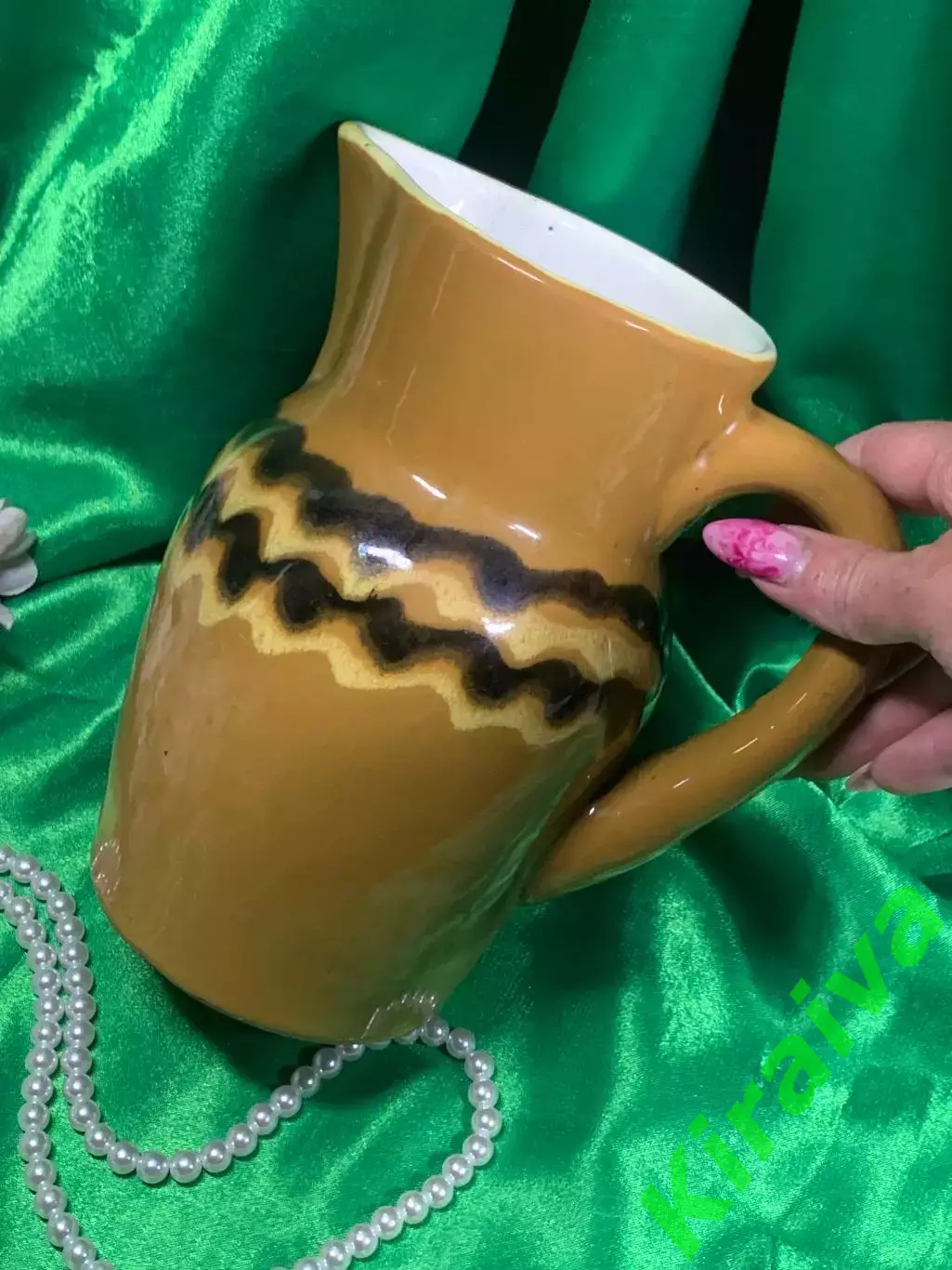 Глечик с ручкой, обливная керамика, Васильковский ФЗ, винтаж, Н2229 глиняный