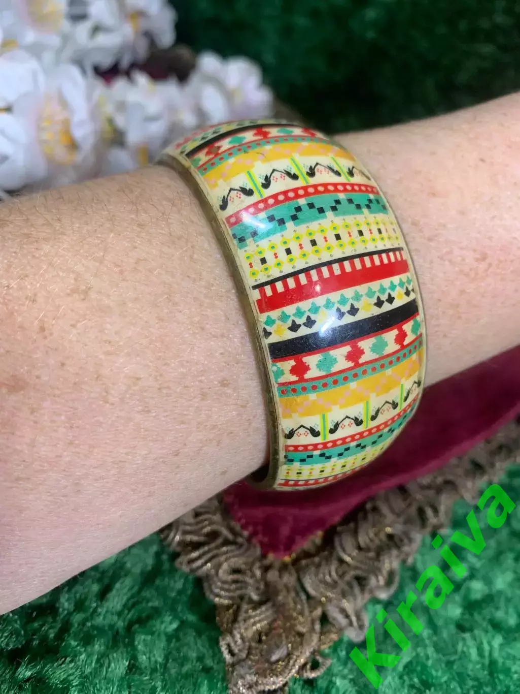 Браслет женский винтажный латунный с эмалью широкий обруч разноцветный Н2285 5