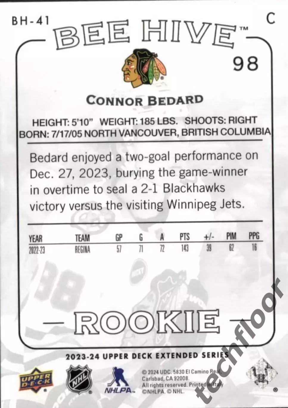 Карточка NHL Connor Bedard Chicago Blackhawks /Коннор Бедард Чикаго НХЛ 1