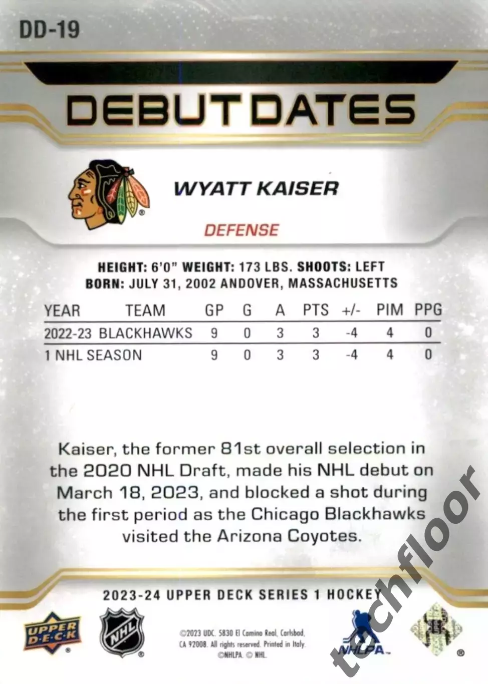 Карточка NHL Wyatt Keiser Chicago Blackhawks/Уайатт Кайзер Чикаго НХЛ 1