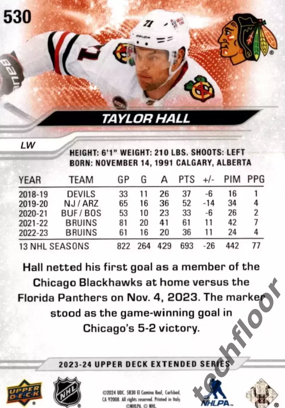 Карточка NHL Taylor Hall Chicago Blackhawks/Тэйлор Холл Чикаго НХЛ 1