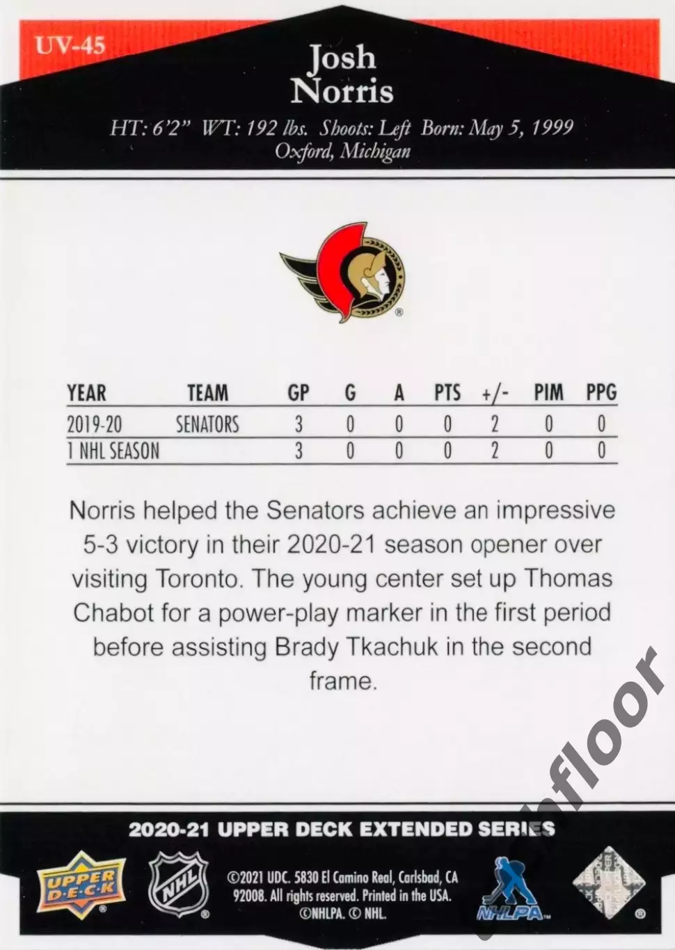 Карточка NHL Josh Norris Ottawa Senators/Джош Норрис Оттава НХЛ 1