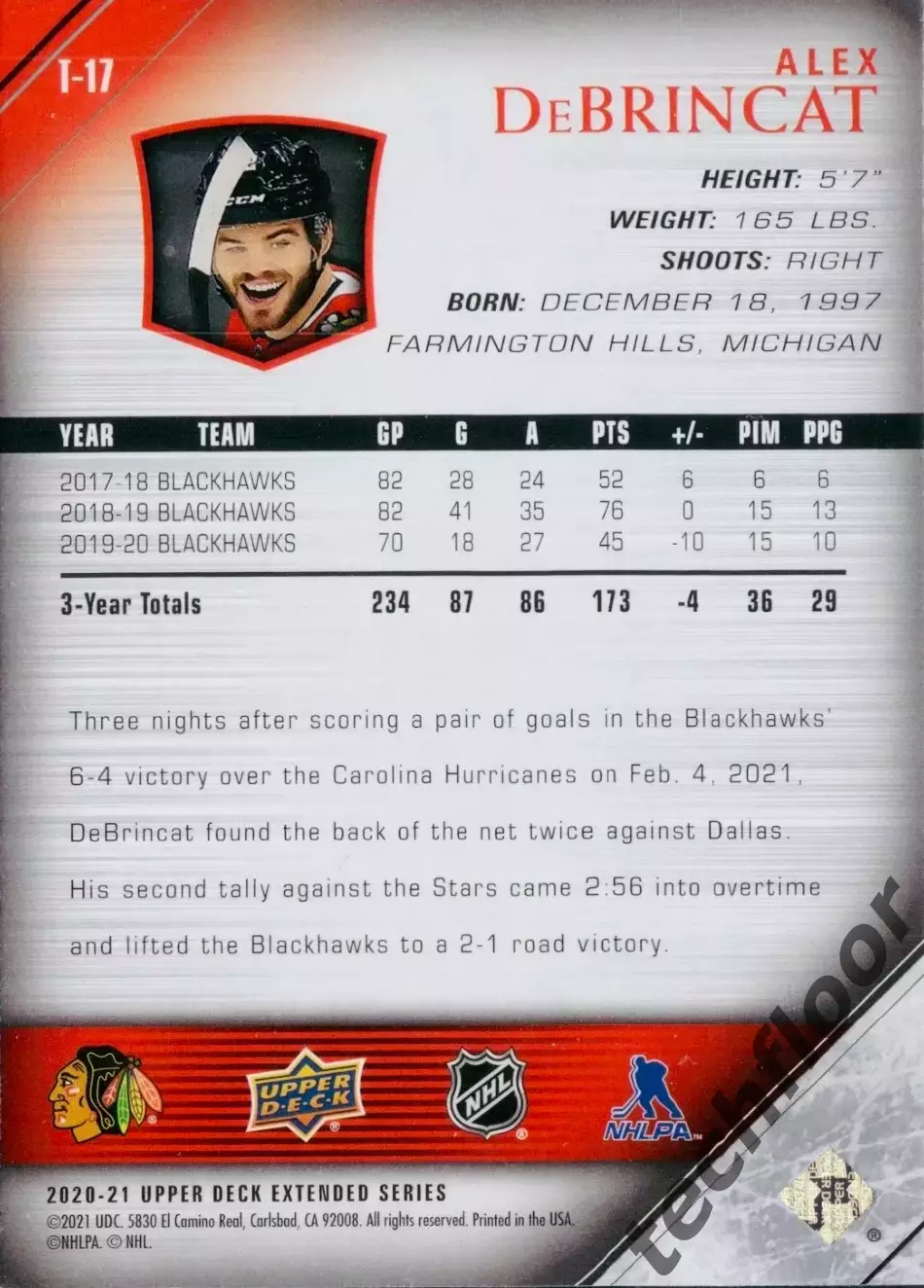 Карточка NHL Alex DeBrincat Chicago Blackhawks/Алекс Дебринкэт Чикаго НХЛ 1